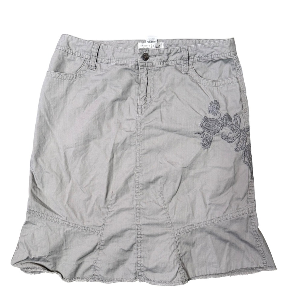 WHBM Fit and Flare y2k Embroidered‎ Floral Ruffle Hem Cotton Skirt Size 4 Gray